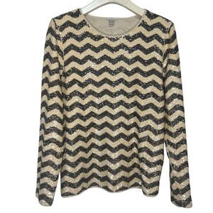 J. Crew Chevron Sequin Top Womens Medium Black Ivory Long Sleeve 100% Cotton